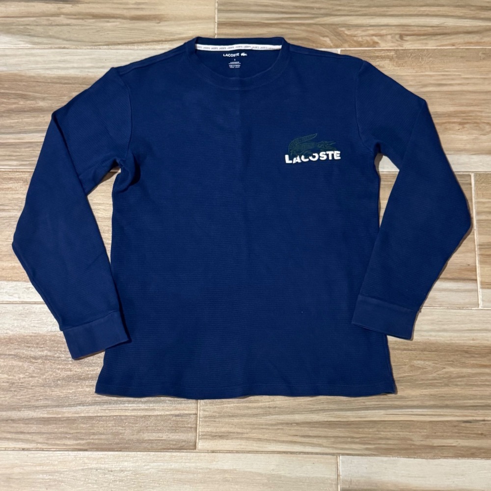 Lacoste Mens Waffle Knit Thermal Long Sleeve Sleepwear Shirt Navy Blue Small